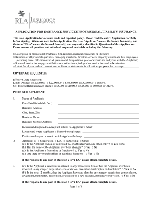 Application for Insurance Services Professional Liability Insurance