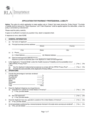 Pharmacy Professional Liability Application