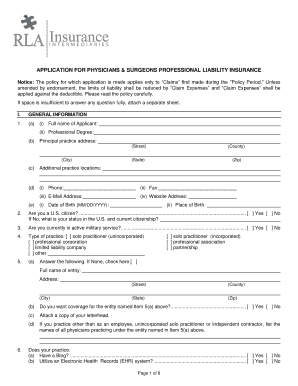 Physicians and Surgeons Professional Liability Insurance Application