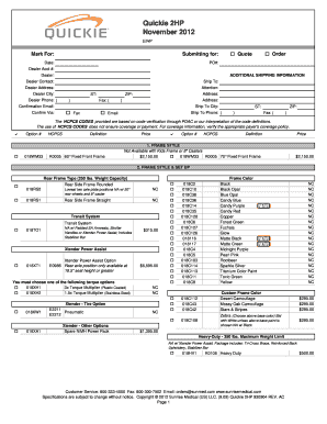 Quickie 2HP Wheelchair Configuration Form