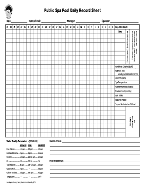 Public Spa Pool Daily Record Sheet