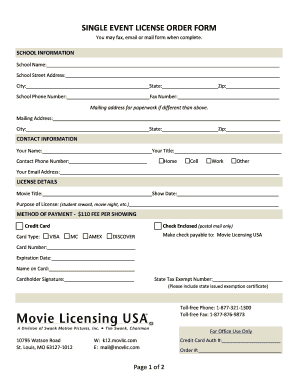 Single Event Movie License Order Form