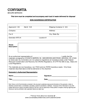 Non-Hazardous Waste Disposal Certification