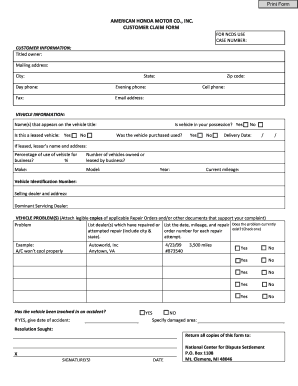 Honda Customer Claim Form