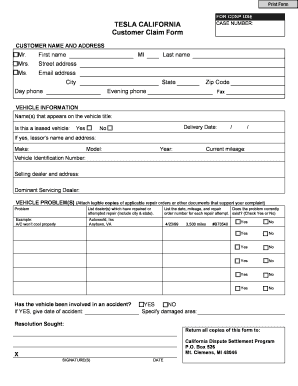 Tesla California Customer Claim Form