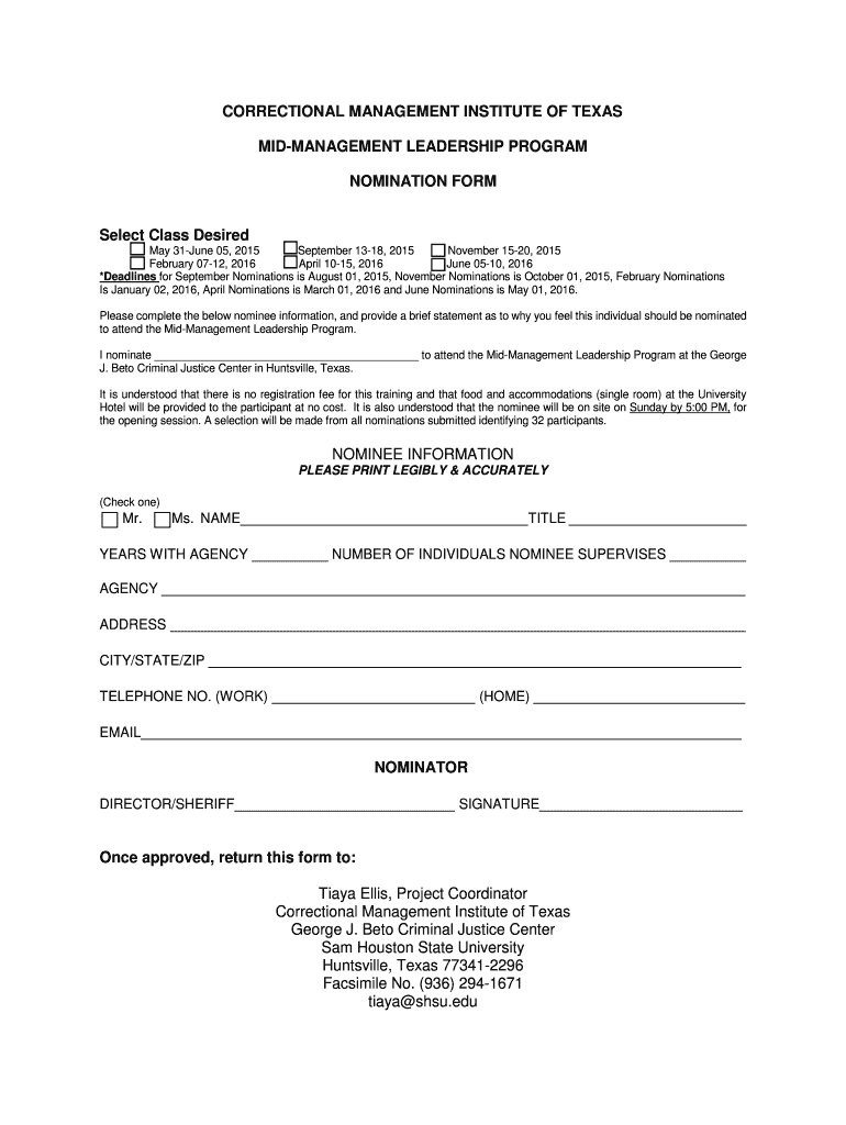 Fillable Online CORRECTIONAL MANAGEMENT INSTITUTE OF TEXAS MID