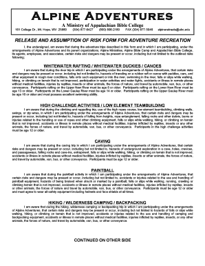 Release and Assumption of Risk Form for Adventure Recreation