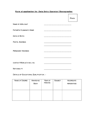 Data Entry Operator/Stenographer Application Form