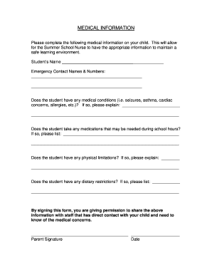 Summer School Medical Information Form