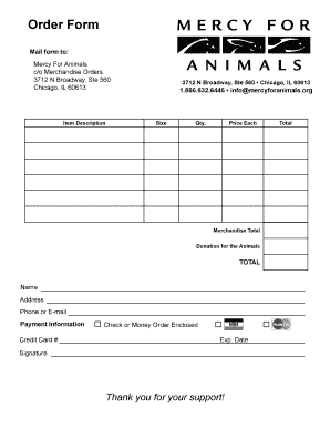 Order Form for Animal Merchandise