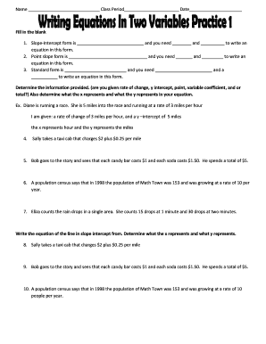 Math Worksheet Slope Intercept Form