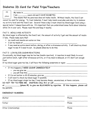 Diabetes Field Trip Card for Teachers