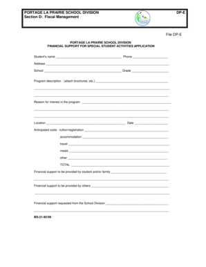 file dpe portage la prairie school division financial support for special student activities application student 's name phone - plpsd mb