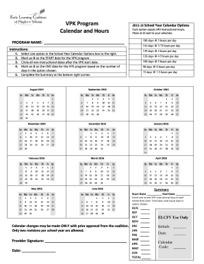 VPK Program 2015-16 School Year Calendar