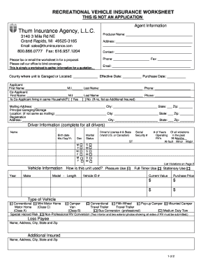 Recreational Vehicle Insurance Worksheet
