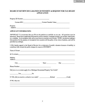 Michigan Board of Review Declaration of Poverty and Request for Tax Relief