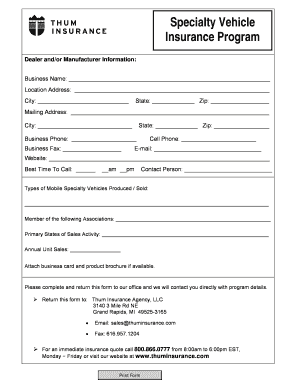 Specialty Vehicle Insurance Program Application