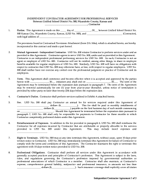 INDEPENDENT CONTRACTOR AGREEMENT FOR PROFESSIONAL SERVICES Between Unified School District No