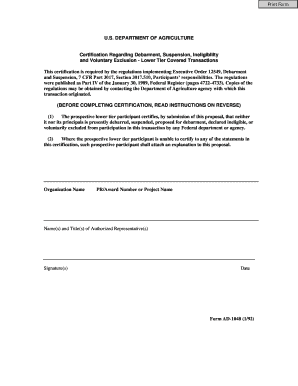 USDA Debarment Certification Form