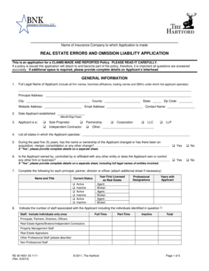 Real Estate Errors and Omissions Liability Application