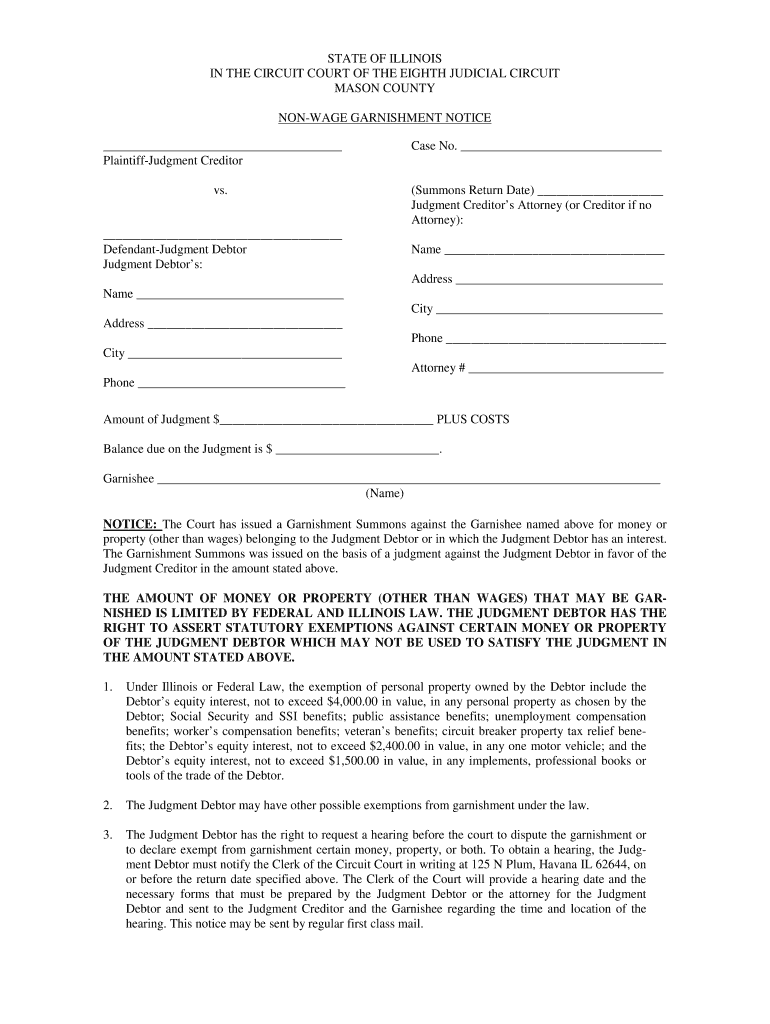 Fillable Online masoncountyil NonWage Garnishment Notice Mason County Fax Email Print pdfFiller