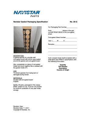 Navistar Gasket Packaging Specification