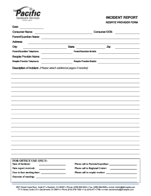 Incident Report Form for Respite Provider