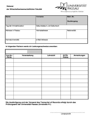 Formular für Transcript of Records