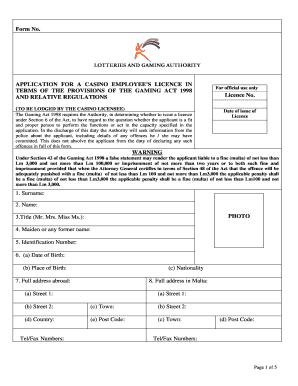 Casino Employee Licence Application