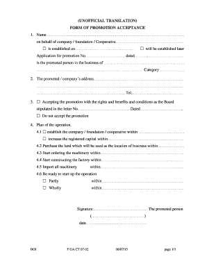 Form of Promotion Acceptance