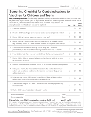 Vaccine Screening Checklist for Children and Teens