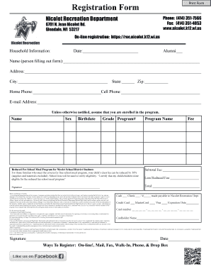 Nicolet Recreation Department Registration Form