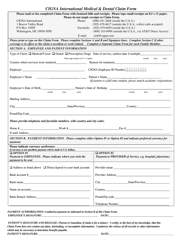 Fillable Online vistachina CIGNA International Employee Benefits Claim
