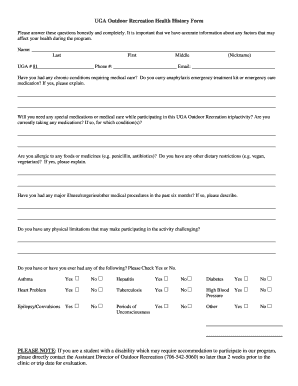 UGA Outdoor Recreation Health History Form