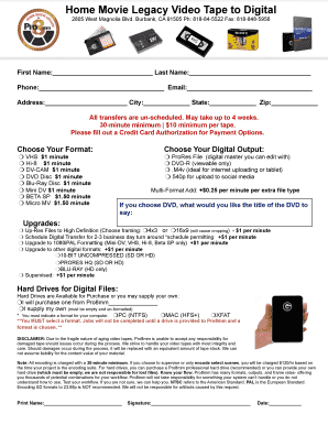 Video Tape to Digital Transfer Order Form