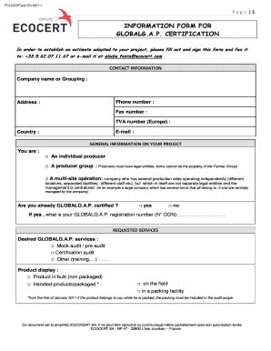 FORMULAIRE D'INFORMATION POUR LA CERTIFICATION GLOBALG.A.P.