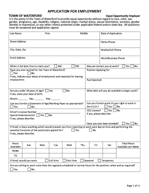 Application for Employment Town of Waterford