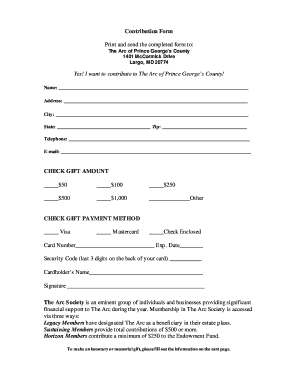 Contribution Form for The Arc of Prince George's County