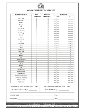 Nursing Specialty Work Experience Checklist