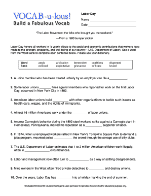Labor Day Word Bank Worksheet