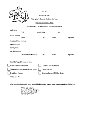 Child Care Provider Personal Information Sheet