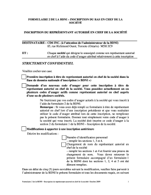 Formulaire 2 de la BDNI – Inscription du RAS en chef de la société