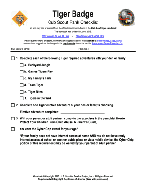 Tiger Badge Cub Scout Rank Checklist