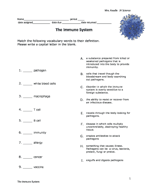 The Immune System Worksheet