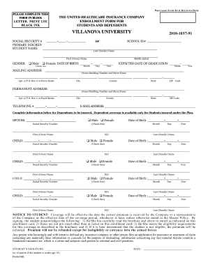 Villanova University Student Health Insurance Enrollment Form