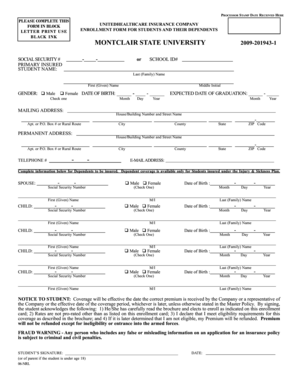Montclair State University Student Insurance Enrollment Form