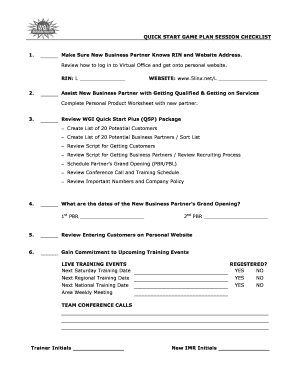 Quick Start Game Plan Session Checklist