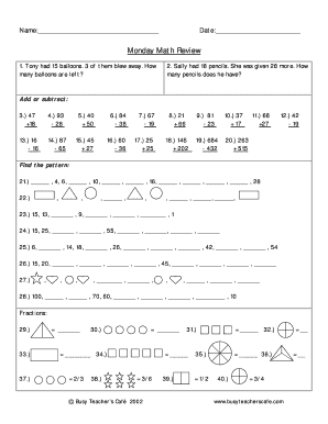 Monday Math Review Worksheet