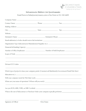 Subcontractor Bidders List Questionnaire