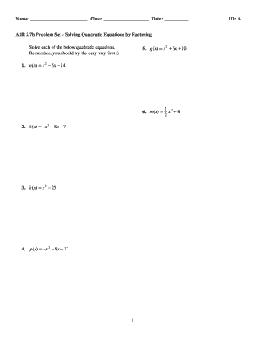 Math Problem Set - Solving Quadratic Equations by Factoring
